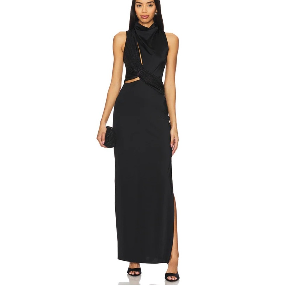 Baobab Mariah Maxi Dress Nightfall‎ Black Cutout Metallic Sash Mock Neck XS NEW